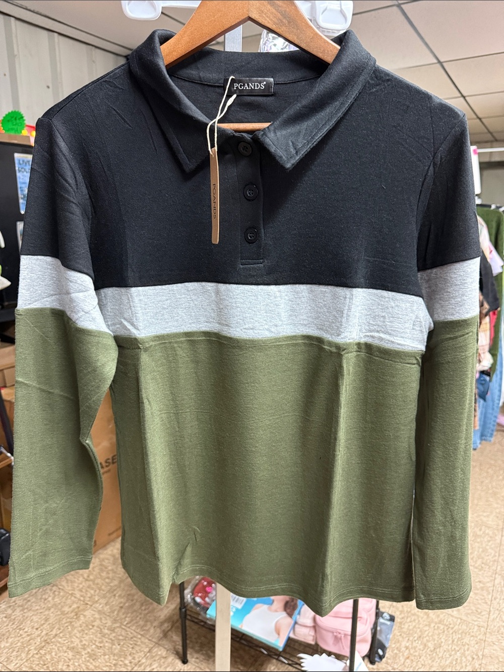 Women's Colorblock Long-Sleeve Polo - Black, Gray & Olive